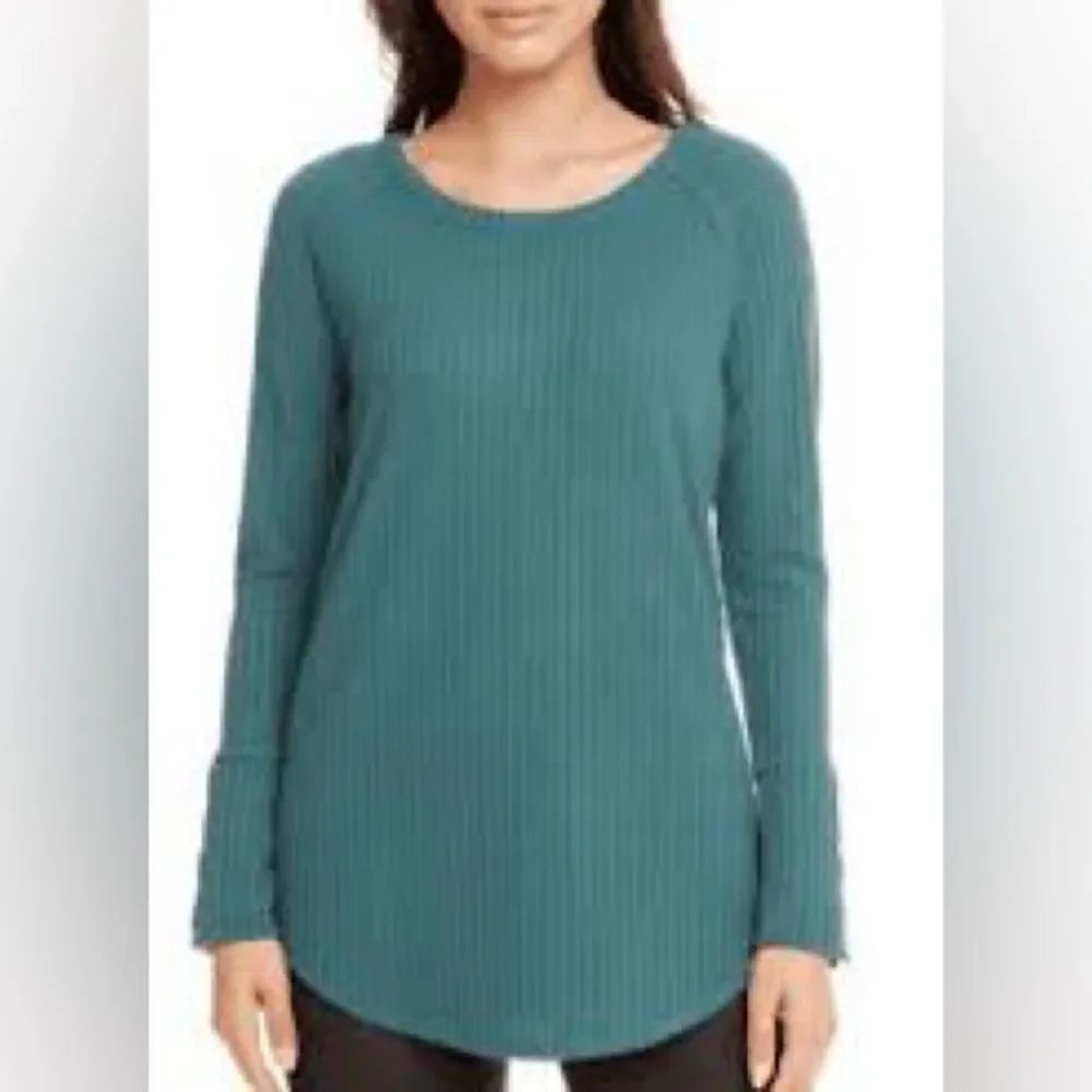 Chaser Teal Long Sleeve waffle Top with cute button sleeves